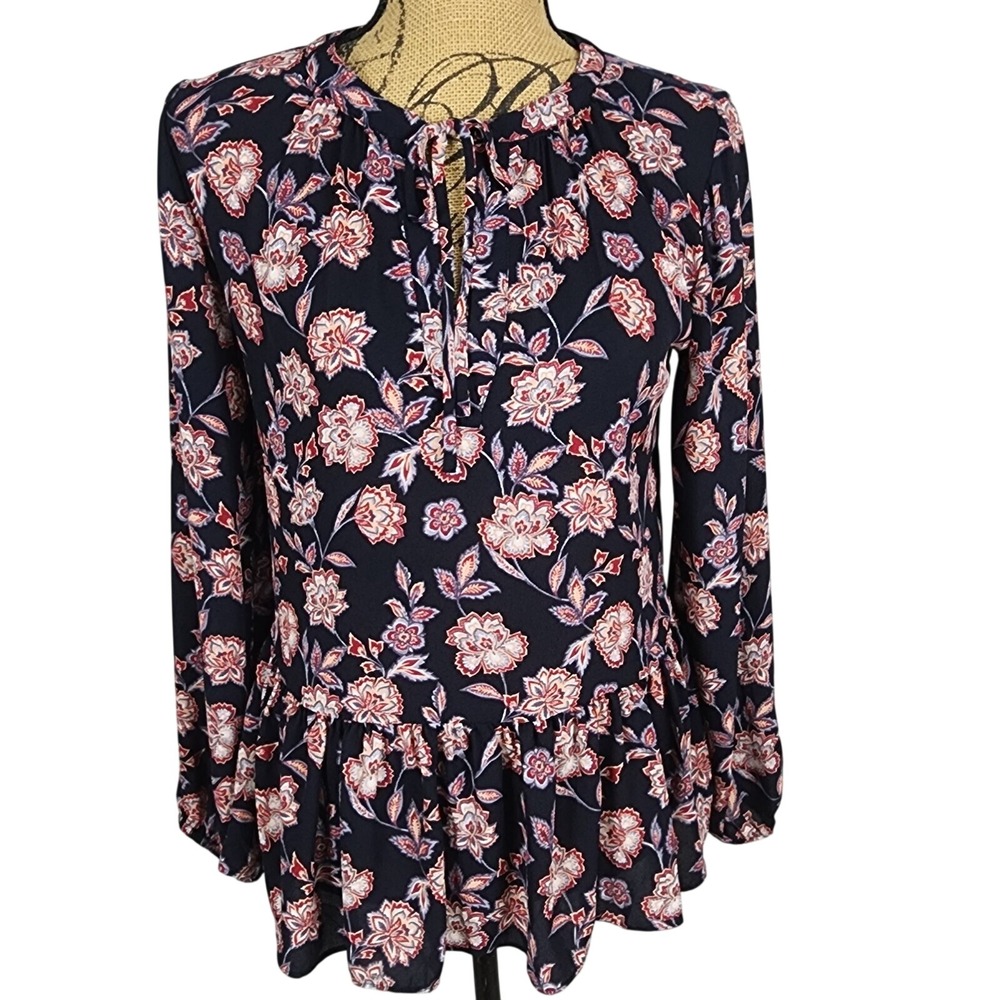 New! LOFT Size XS Long Sleeve Floral Peplum Hem Navy Blue Pink Boho Blouse Top